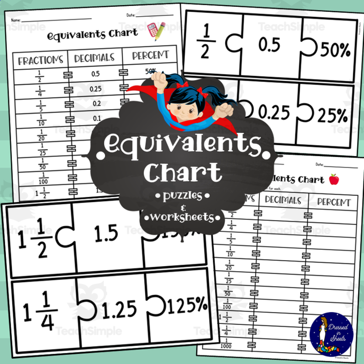 An educational teaching resource from Soumara Siddiqui entitled Equivalents Chart with Worksheets and Puzzle downloadable at Teach Simple.