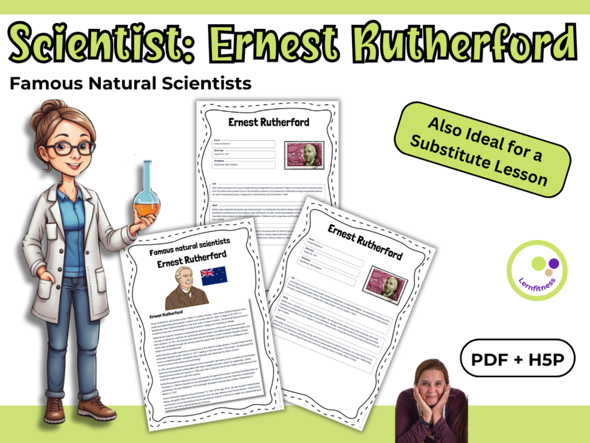 An educational teaching resource from Lernfitness entitled Ernest Rutherford – Scientist Profile & Reading Activities - PDF + H5P downloadable at Teach Simple.