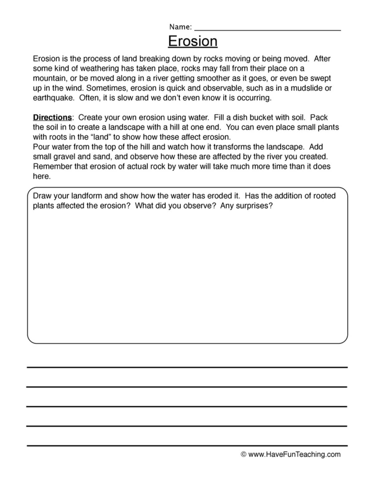 An educational teaching resource from Have Fun Teaching entitled Erosion Writing Worksheet downloadable at Teach Simple.
