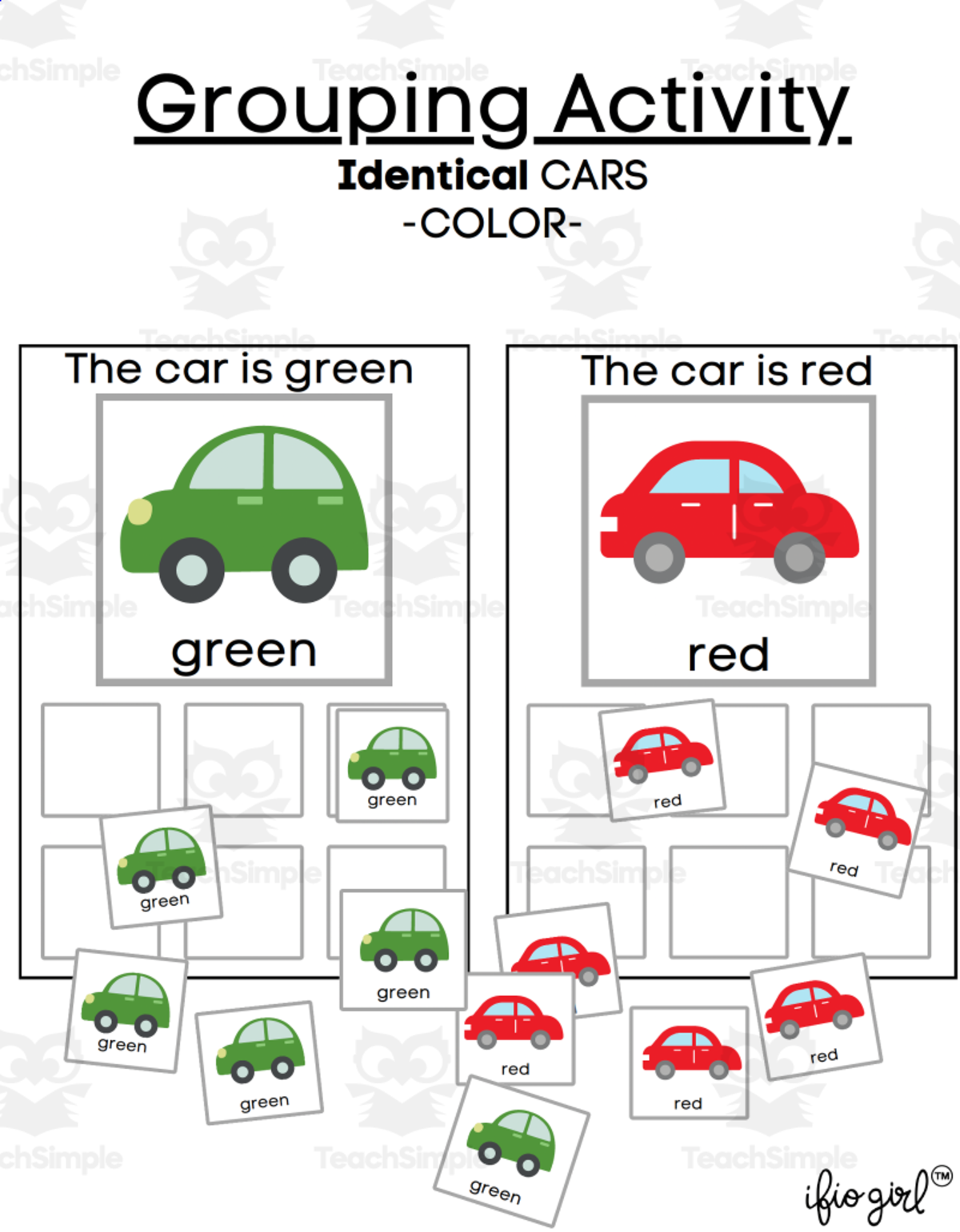 An educational teaching resource from IFIO girl - I'll Figure It Out entitled Errorless Activity - Sort IDENTICAL cars by color downloadable at Teach Simple.