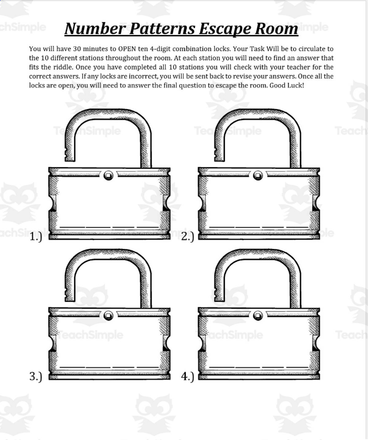 An educational teaching resource from Mitchell Zuvela entitled Escape Room: Number Patterns downloadable at Teach Simple.