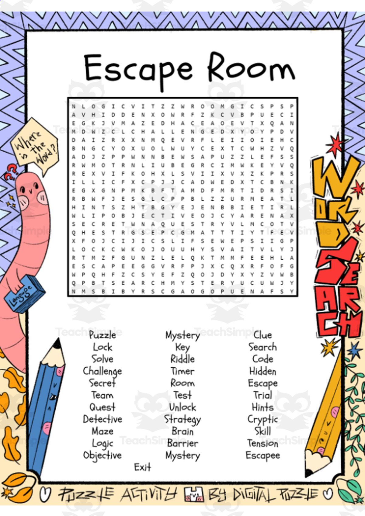 An educational teaching resource from Lapiiin Art Activities entitled Escape Room word search puzzle worksheet activity downloadable at Teach Simple.