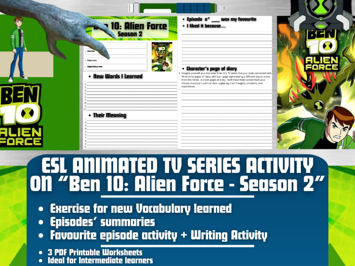An educational teaching resource from Learning with Alan entitled ESL Animated TV Series Activity on "Ben 10: Alien Force" - Season 2 downloadable at Teach Simple.
