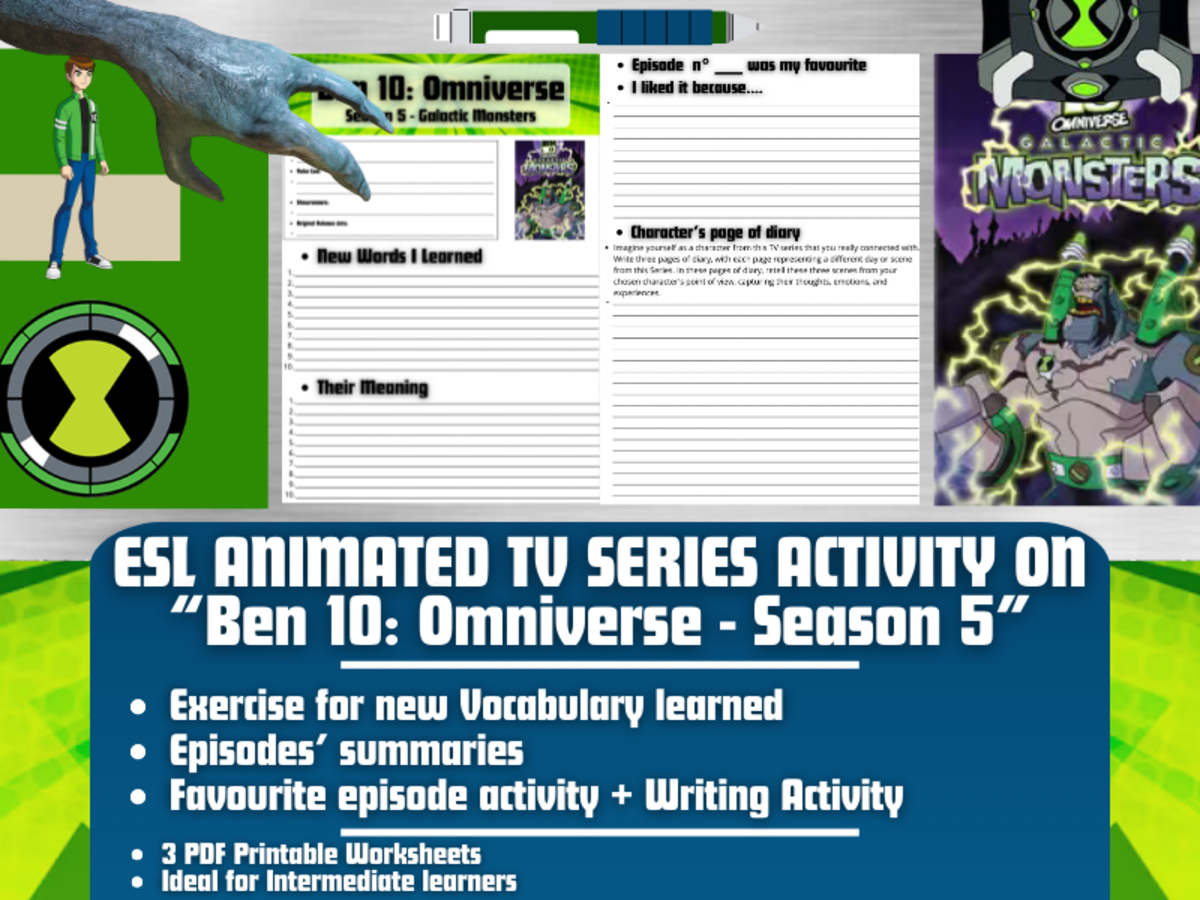 An educational teaching resource from Learning with Alan entitled ESL Animated TV Series Activity on "Ben 10: Omniverse" - Season 5 downloadable at Teach Simple.