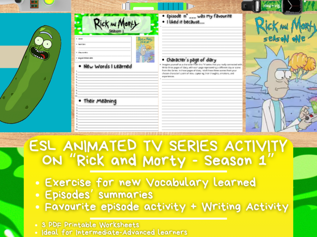 An educational teaching resource from Learning with Alan entitled ESL Animated TV Series Activity Worksheets - Rick and Morty - Season 1 downloadable at Teach Simple.