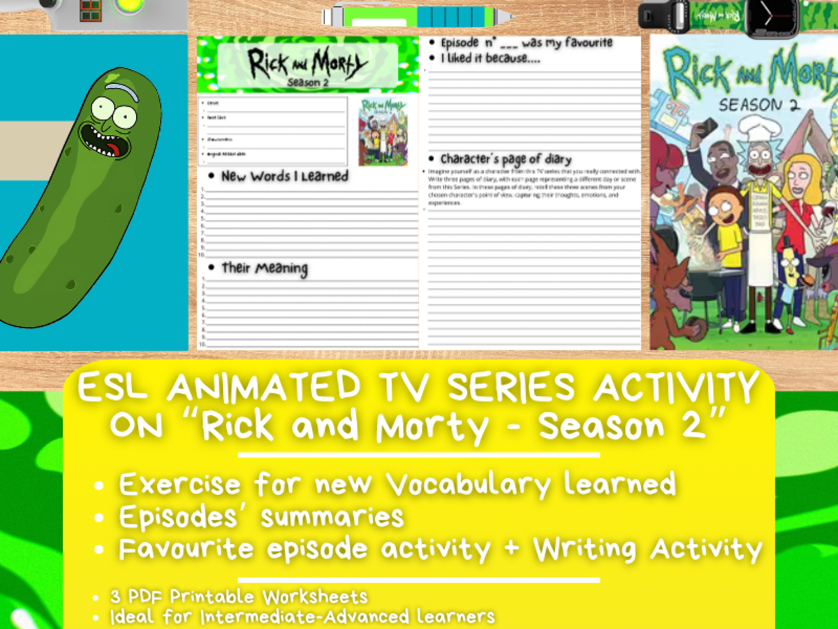 An educational teaching resource from Learning with Alan entitled ESL Animated TV Series Activity Worksheets - Rick and Morty - Season 2 downloadable at Teach Simple.