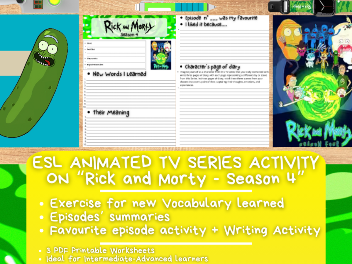 An educational teaching resource from Learning with Alan entitled ESL Animated TV Series Activity Worksheets - Rick and Morty - Season 4 downloadable at Teach Simple.