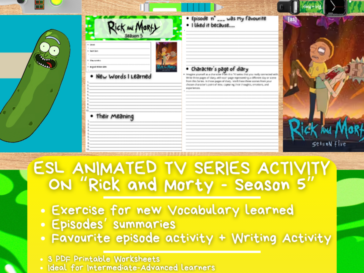 An educational teaching resource from Learning with Alan entitled ESL Animated TV Series Activity Worksheets - Rick and Morty - Season 5 downloadable at Teach Simple.