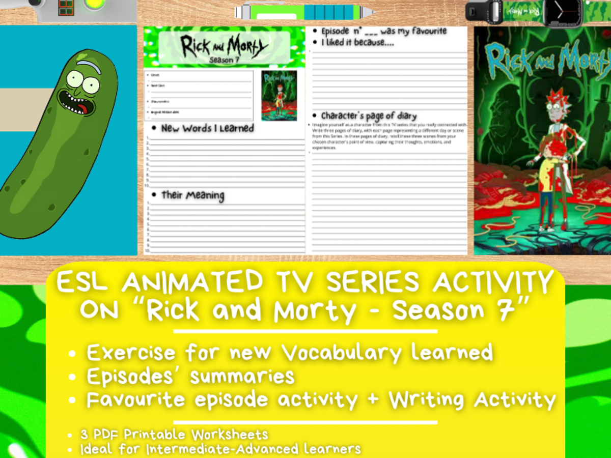 An educational teaching resource from Learning with Alan entitled ESL Animated TV Series Activity Worksheets - Rick and Morty - Season 7 downloadable at Teach Simple.