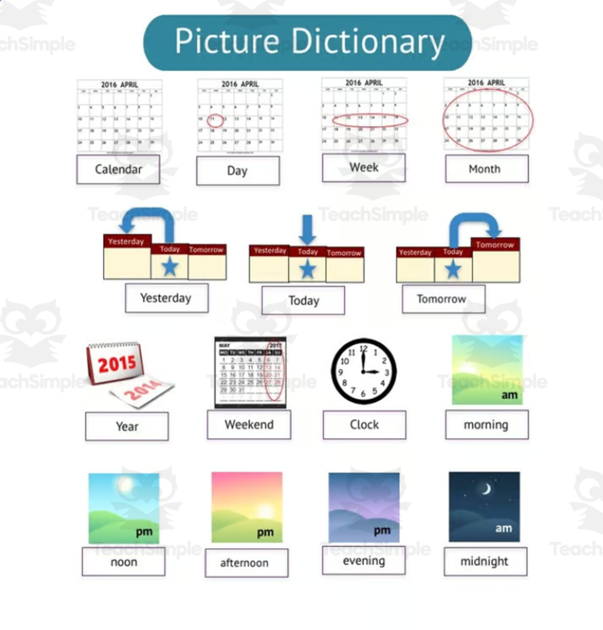 An educational teaching resource from Tpete's Supply Store entitled ESL Calendar and Time of Day Vocabulary downloadable at Teach Simple.
