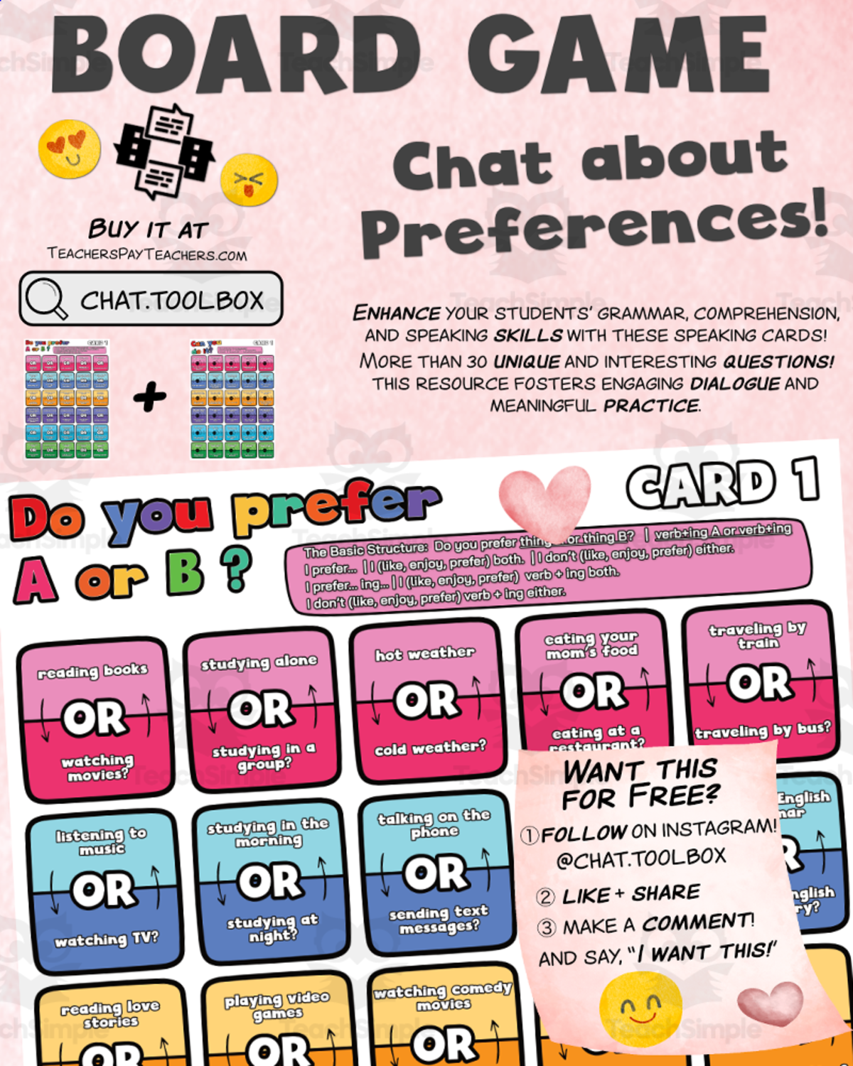 An educational teaching resource from Chat Toolbox entitled ESL Chat: Preferences using "Do you prefer A or B?" Board Game downloadable at Teach Simple.