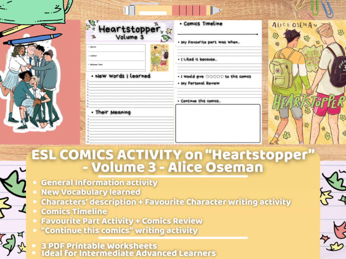 An educational teaching resource from Learning with Alan entitled ESL Comics Activity - Heartstopper - Volume 3 - Alice Oseman downloadable at Teach Simple.