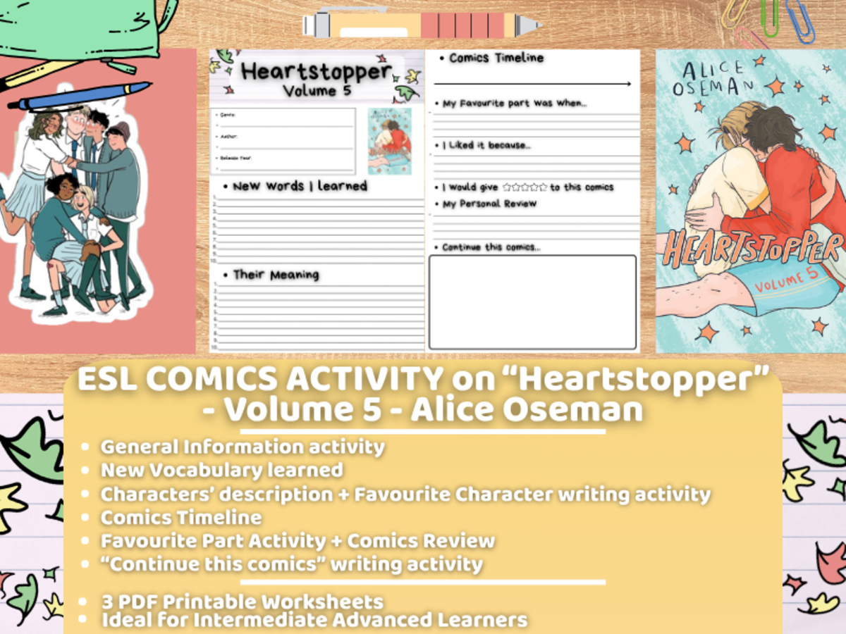 An educational teaching resource from Learning with Alan entitled ESL Comics Activity - Heartstopper - Volume 5 - Alice Oseman downloadable at Teach Simple.