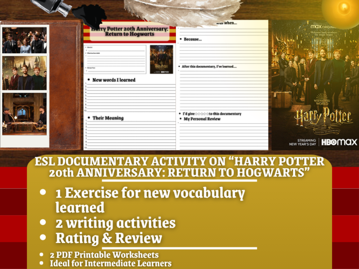 An educational teaching resource from Learning with Alan entitled ESL Documentary Activity - Harry Potter 20th Anniversary downloadable at Teach Simple.