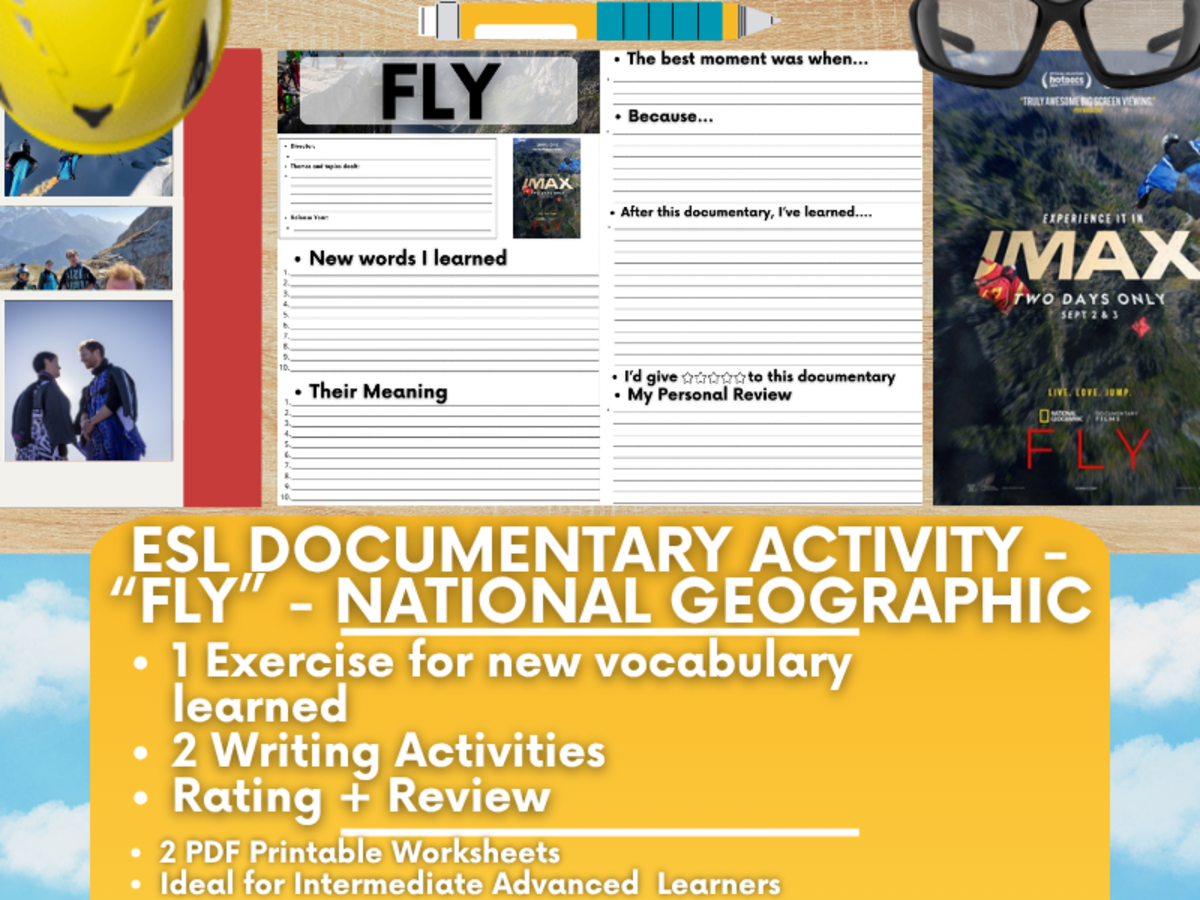 An educational teaching resource from Learning with Alan entitled ESL Documentary Activity Worksheets - Fly downloadable at Teach Simple.