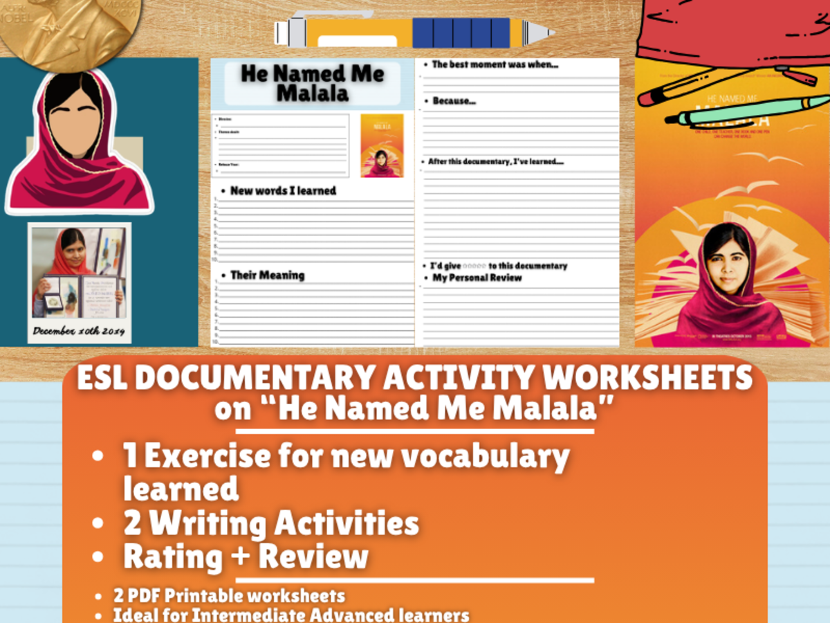 An educational teaching resource from Learning with Alan entitled ESL Documentary Activity Worksheets - He Named Me Malala downloadable at Teach Simple.