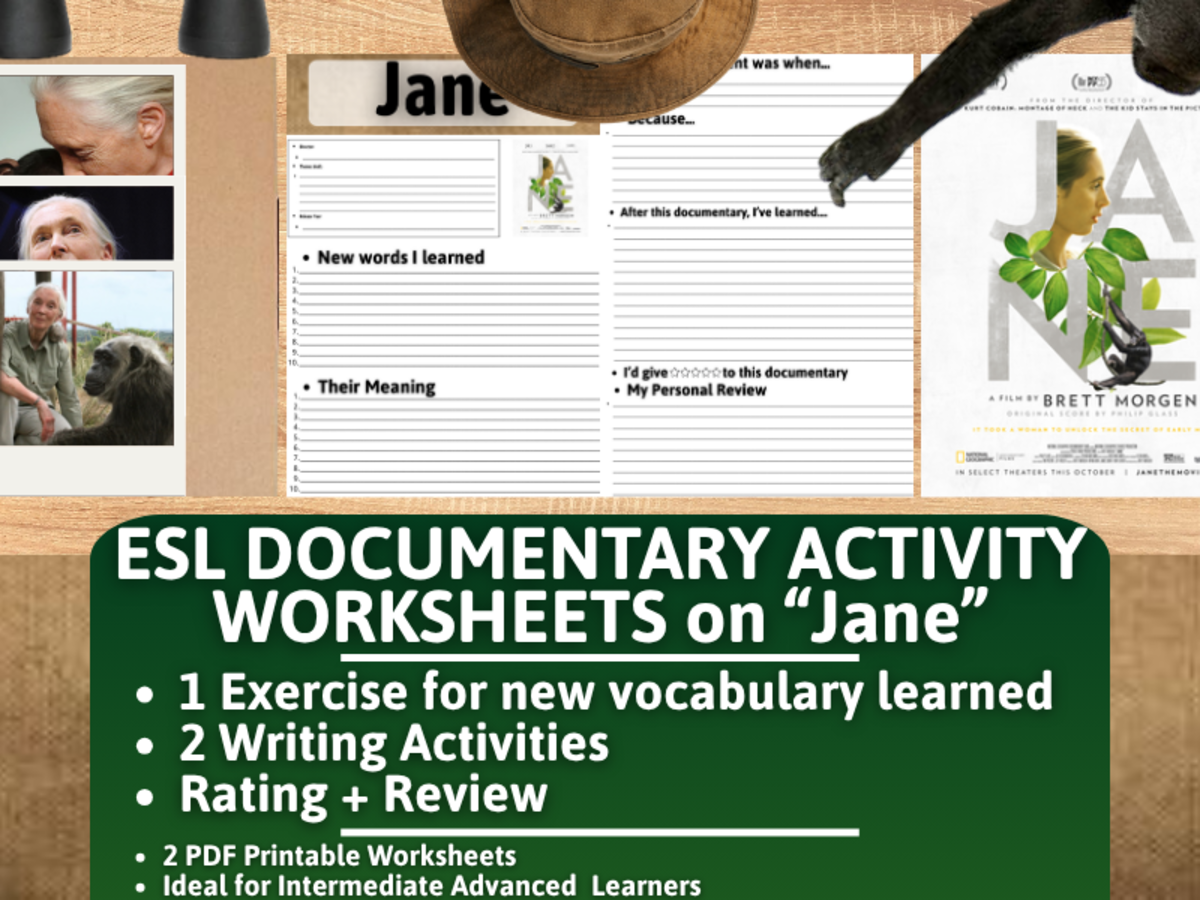 An educational teaching resource from Learning with Alan entitled ESL Documentary Activity Worksheets - Jane downloadable at Teach Simple.