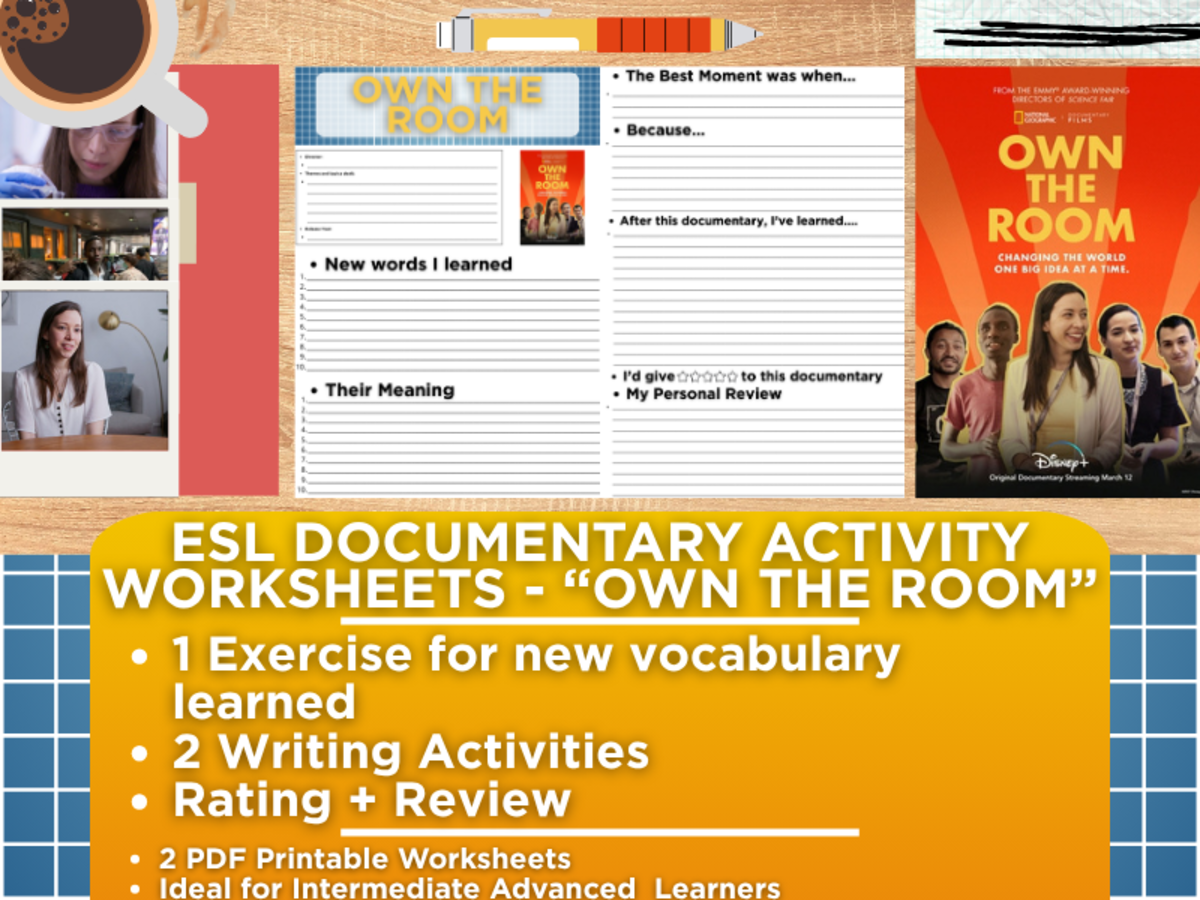 An educational teaching resource from Learning with Alan entitled ESL Documentary Activity Worksheets - Own the Room downloadable at Teach Simple.