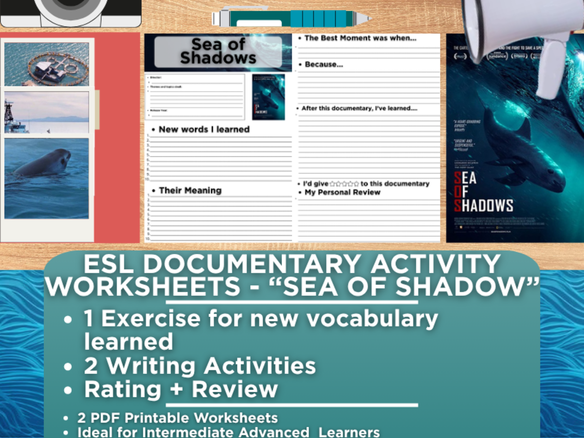 An educational teaching resource from Learning with Alan entitled ESL Documentary Activity Worksheets - Sea of Shadows downloadable at Teach Simple.