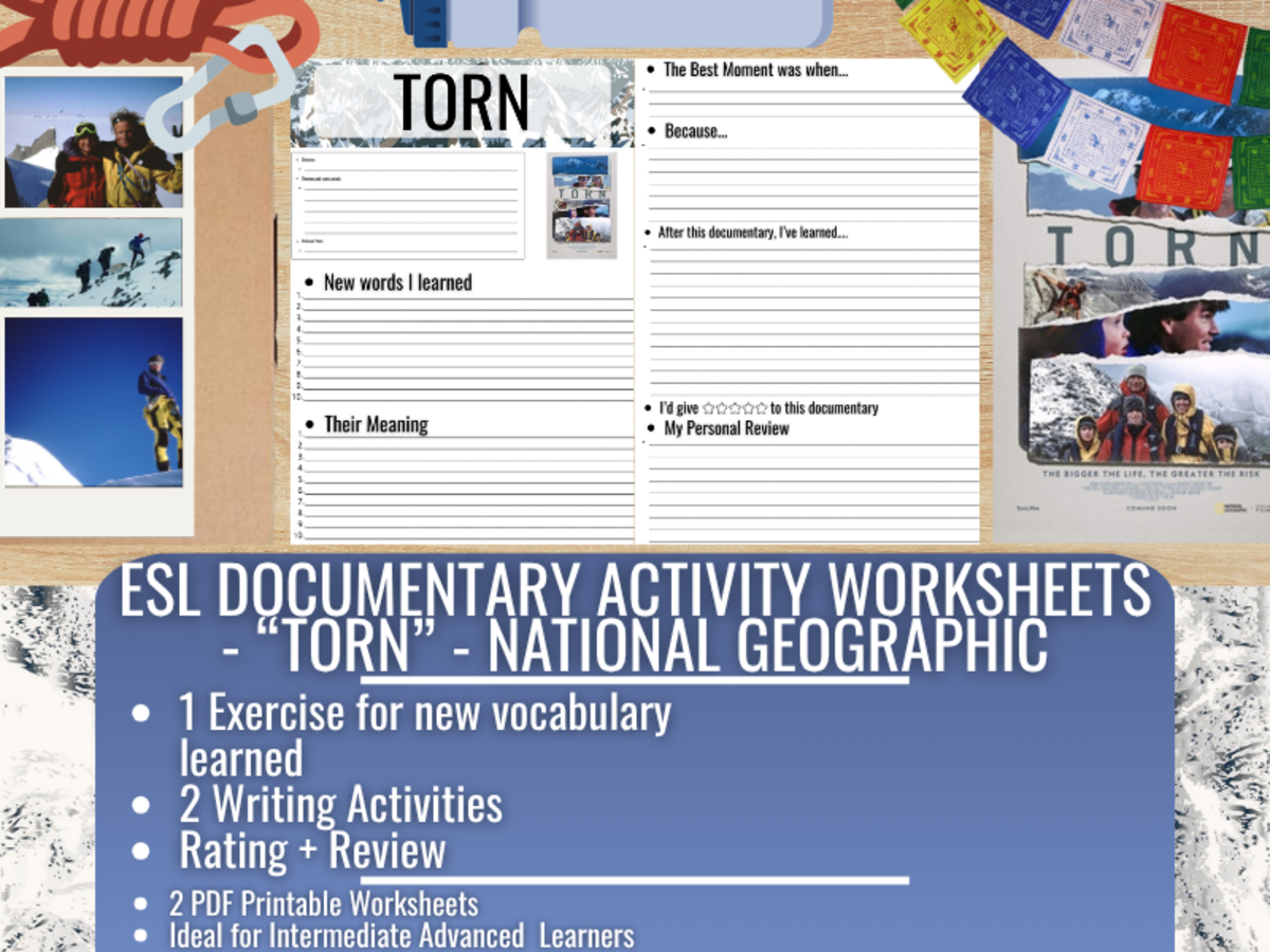 An educational teaching resource from Learning with Alan entitled ESL Documentary Activity Worksheets - Torn downloadable at Teach Simple.
