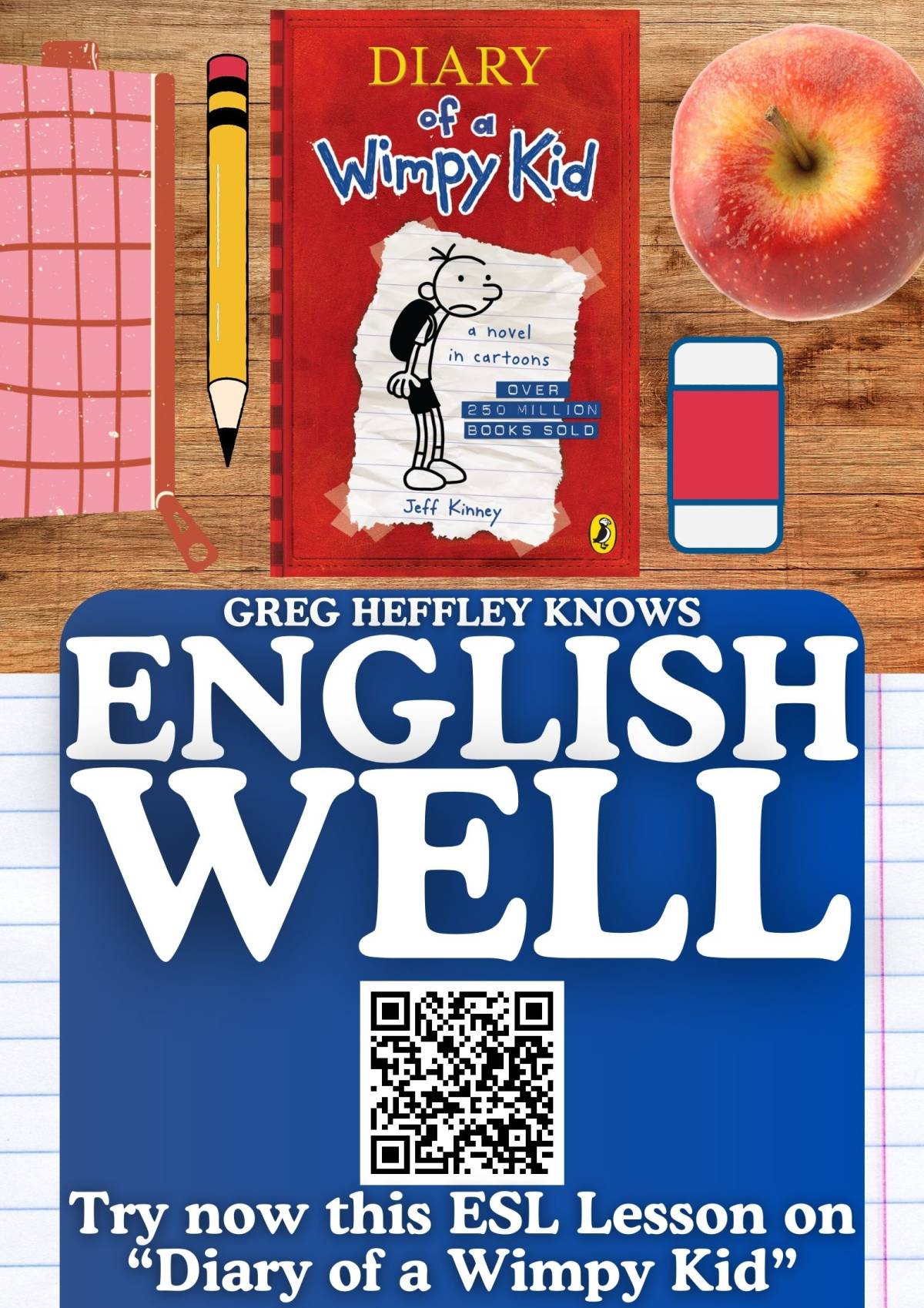 An educational teaching resource from Learning with Alan entitled ESL EFL TESOL Lesson Plan on "Diary of a Wimpy Kid" and Teenagers downloadable at Teach Simple.