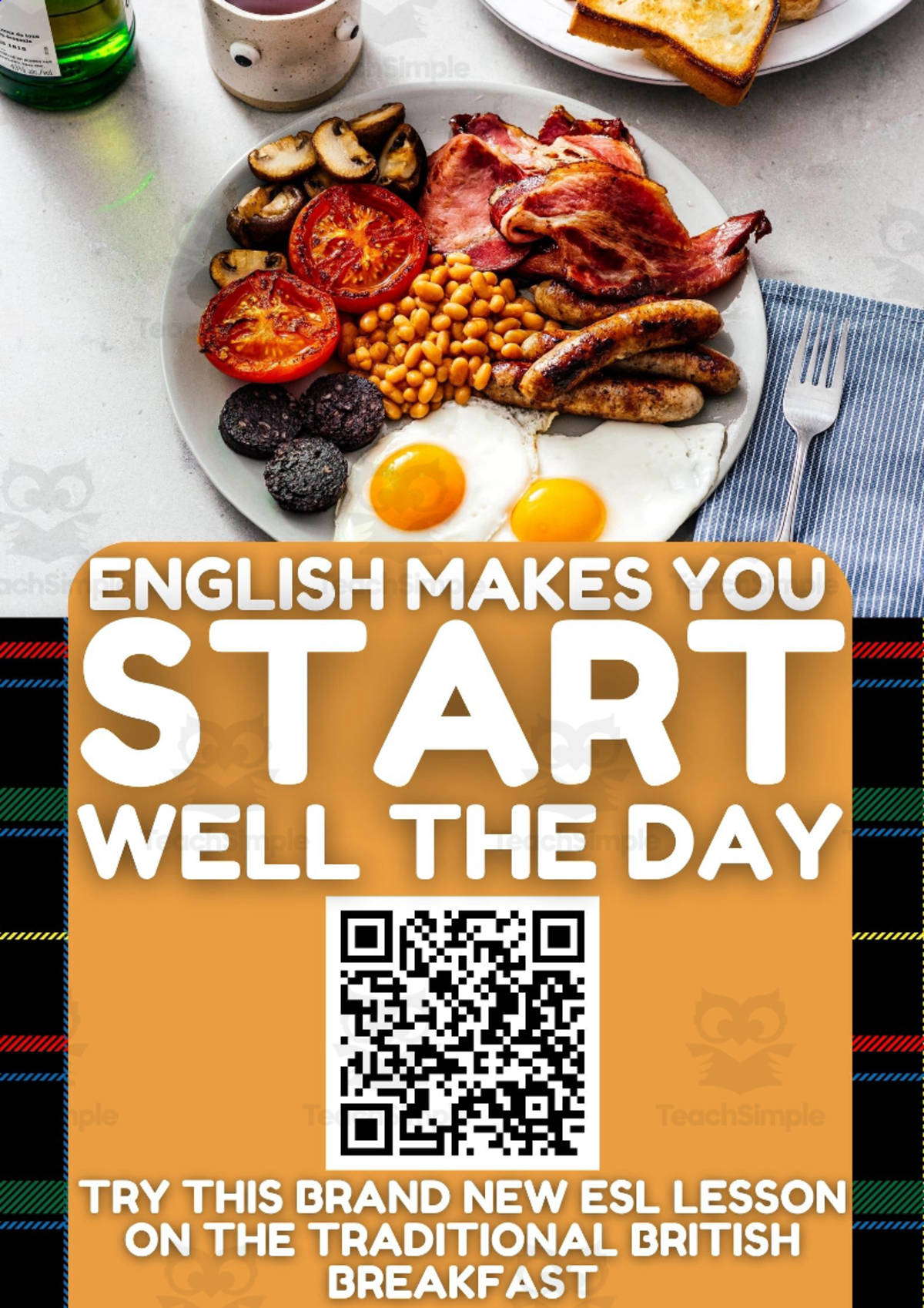 An educational teaching resource from Learning with Alan entitled ESL EFL TESOL TEFL Lesson Plan on the traditional British Breakfast downloadable at Teach Simple.