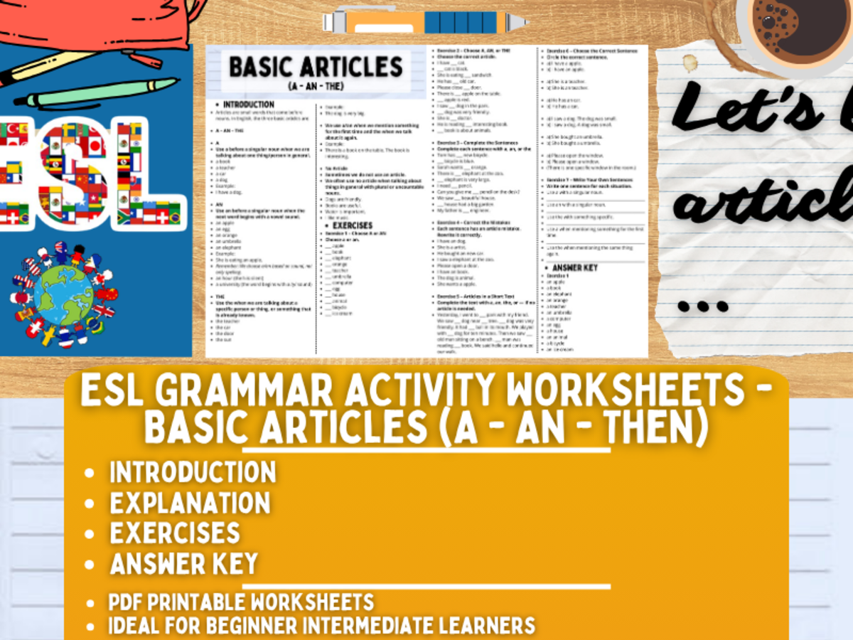 An educational teaching resource from Learning with Alan entitled ESL Grammar Activity Worksheets - Basic Articles (A - An - The) downloadable at Teach Simple.