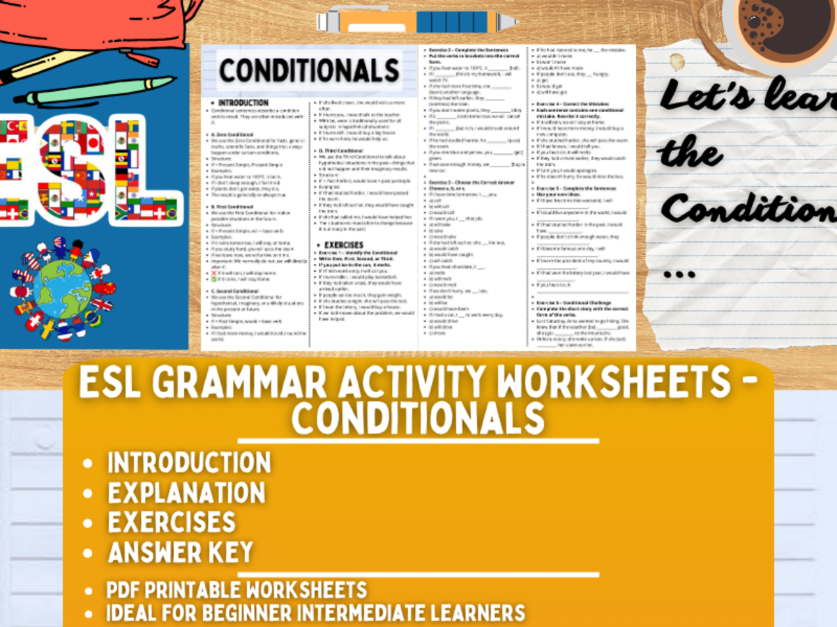 An educational teaching resource from Learning with Alan entitled ESL Grammar Activity Worksheets - Conditionals downloadable at Teach Simple.