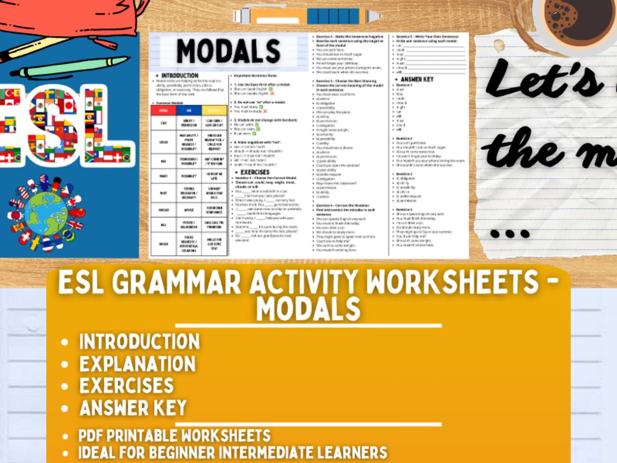 An educational teaching resource from Learning with Alan entitled ESL Grammar Activity Worksheets - Modals downloadable at Teach Simple.