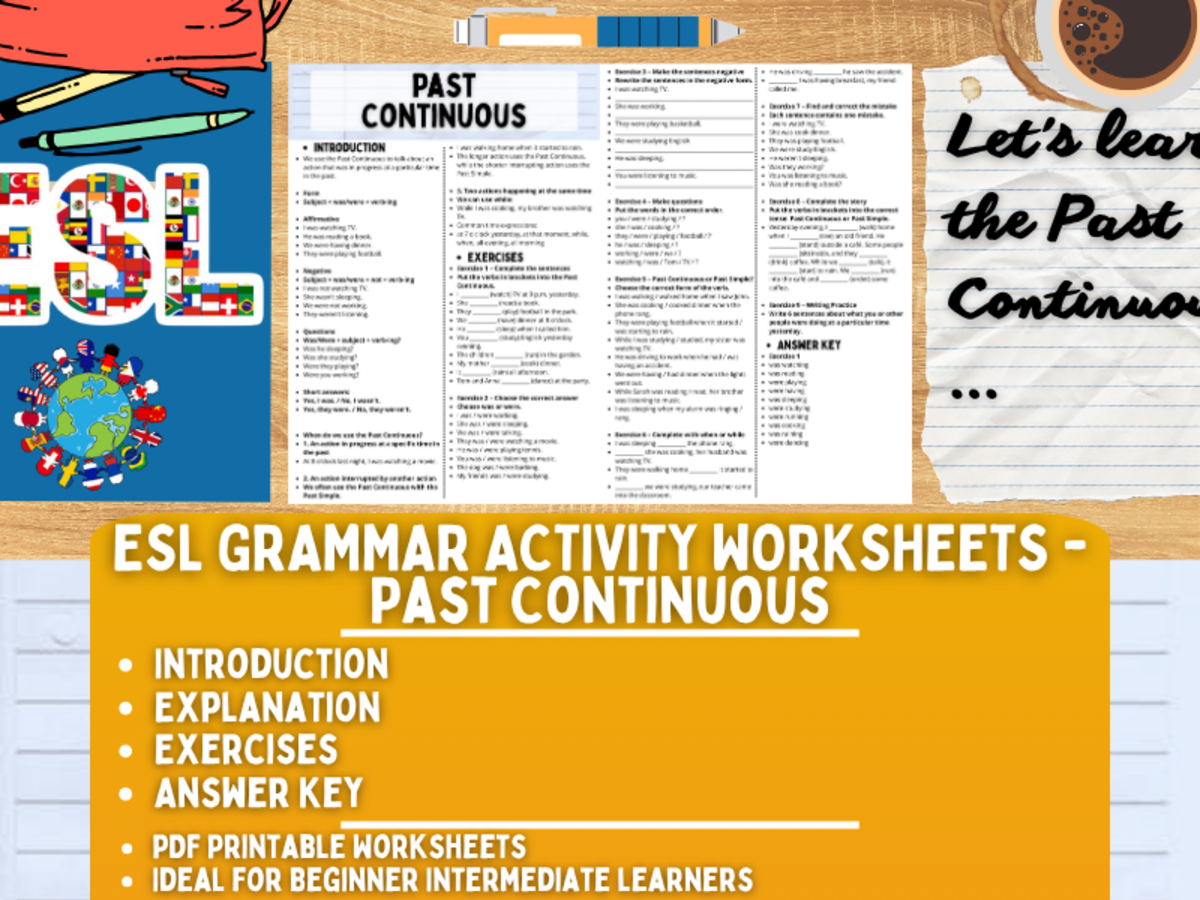 An educational teaching resource from Learning with Alan entitled ESL Grammar Activity Worksheets - Past Continuous downloadable at Teach Simple.