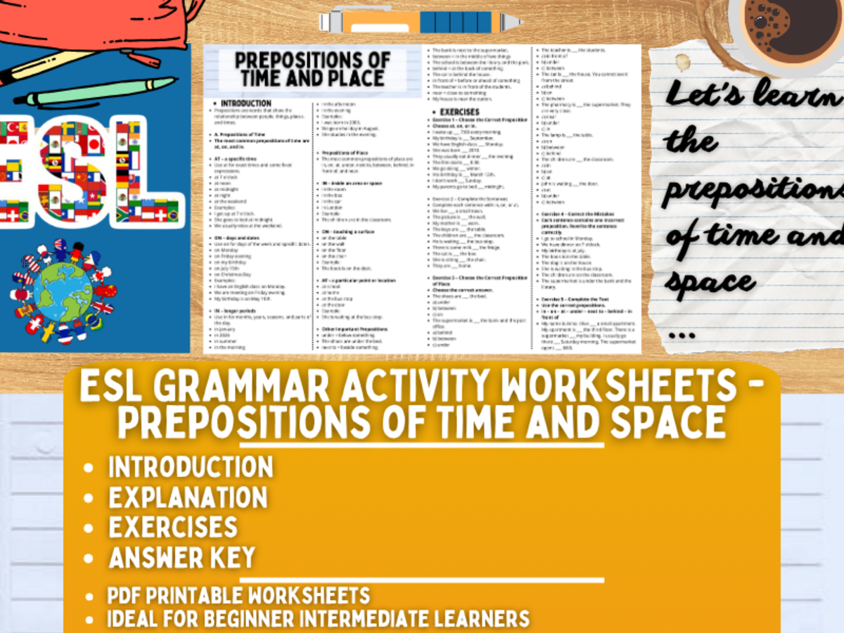 An educational teaching resource from Learning with Alan entitled ESL Grammar Activity Worksheets - Prepositions of Time and Space downloadable at Teach Simple.