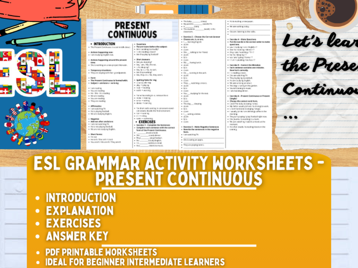 An educational teaching resource from Learning with Alan entitled ESL Grammar Activity Worksheets - Present Continuous downloadable at Teach Simple.