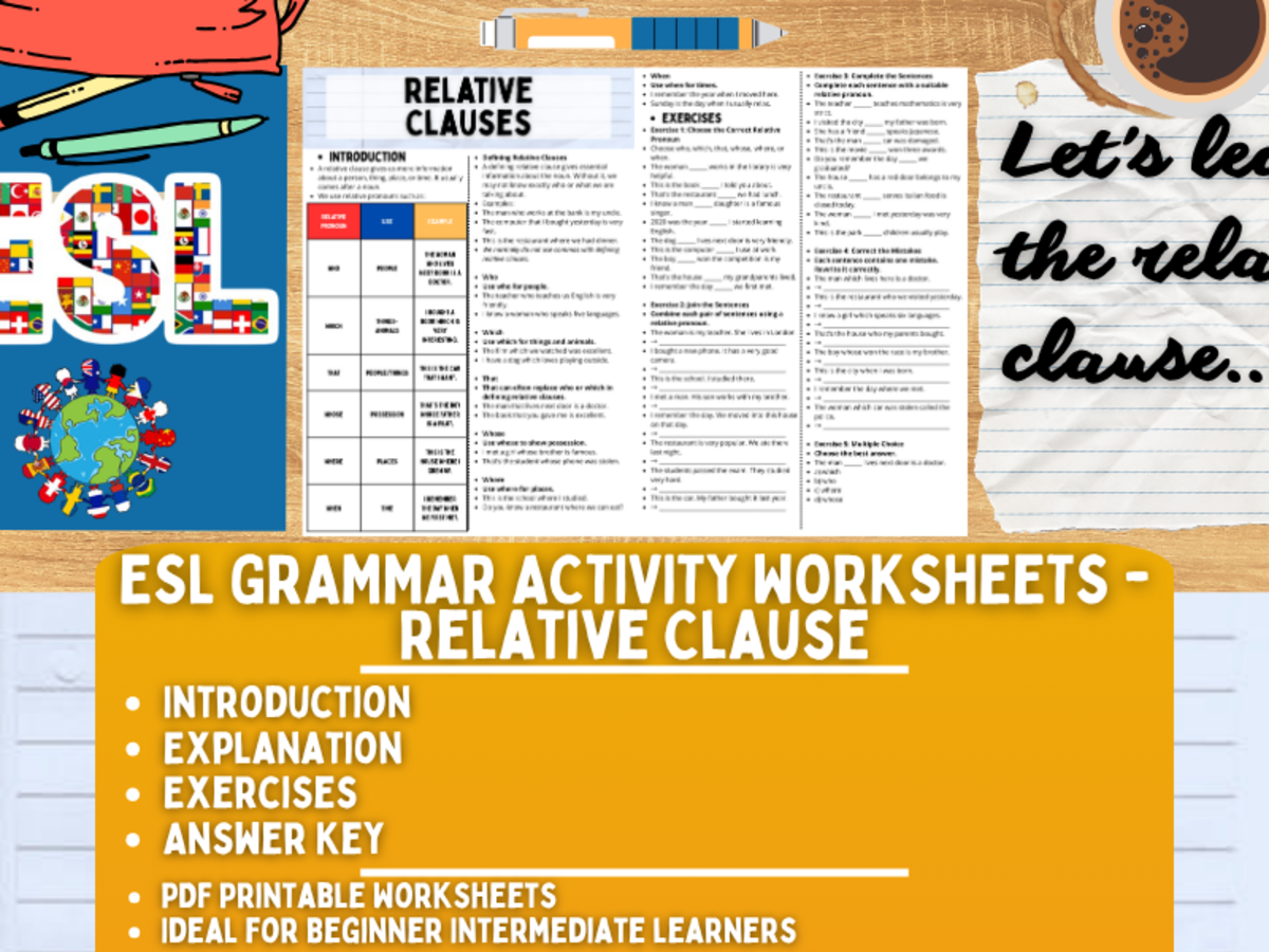 An educational teaching resource from Learning with Alan entitled ESL Grammar Activity Worksheets - Relative Clauses downloadable at Teach Simple.