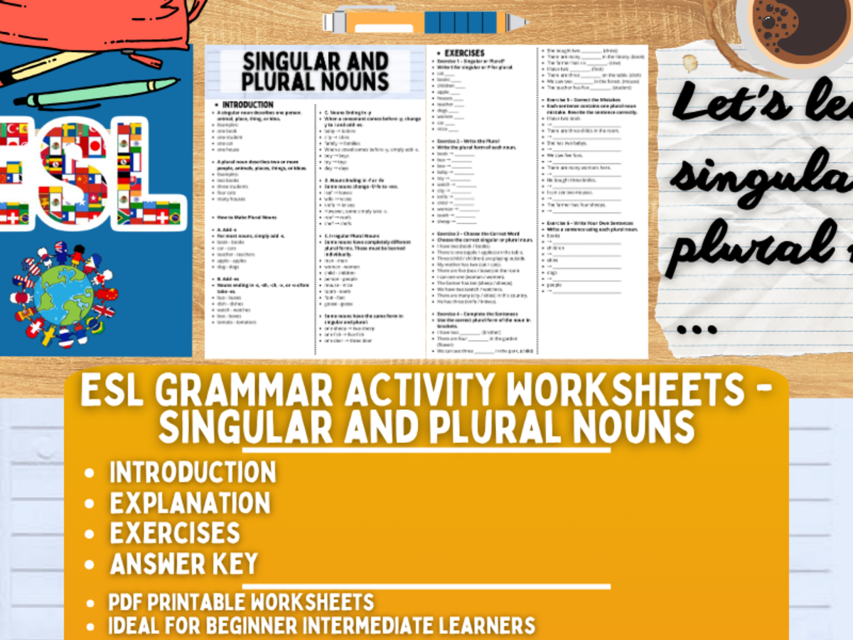 An educational teaching resource from Learning with Alan entitled ESL Grammar Activity Worksheets - Singular and Plural Nouns downloadable at Teach Simple.