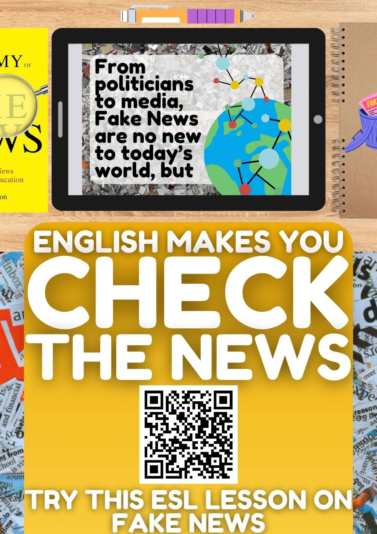 An educational teaching resource from Learning with Alan entitled ESL Lesson on Fake News - Listening Comprehension and Writing Activity downloadable at Teach Simple.