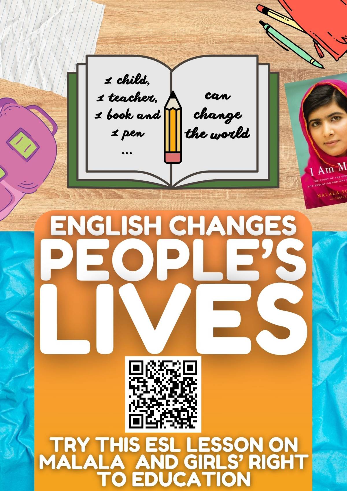 An educational teaching resource from Learning with Alan entitled ESL Lesson on Malala Yousafzai and Girls' Rights - Listening + Writing downloadable at Teach Simple.
