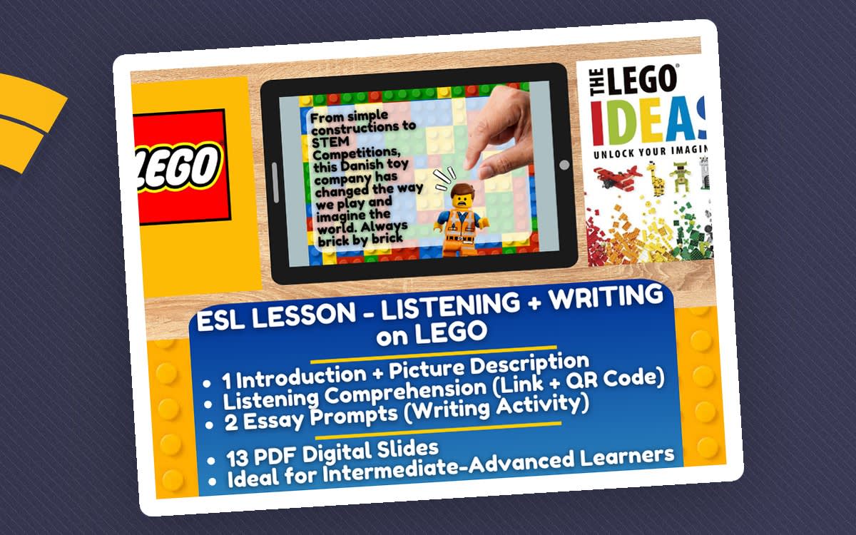 LEGO ESL listening and writing lesson cover with a tablet activity, LEGO graphics, and a list of slide activities.