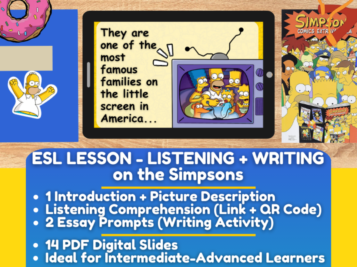 An educational teaching resource from Learning with Alan entitled ESL Lesson Plan on "The Simpsons" - Listening Comprehension + Essay downloadable at Teach Simple.