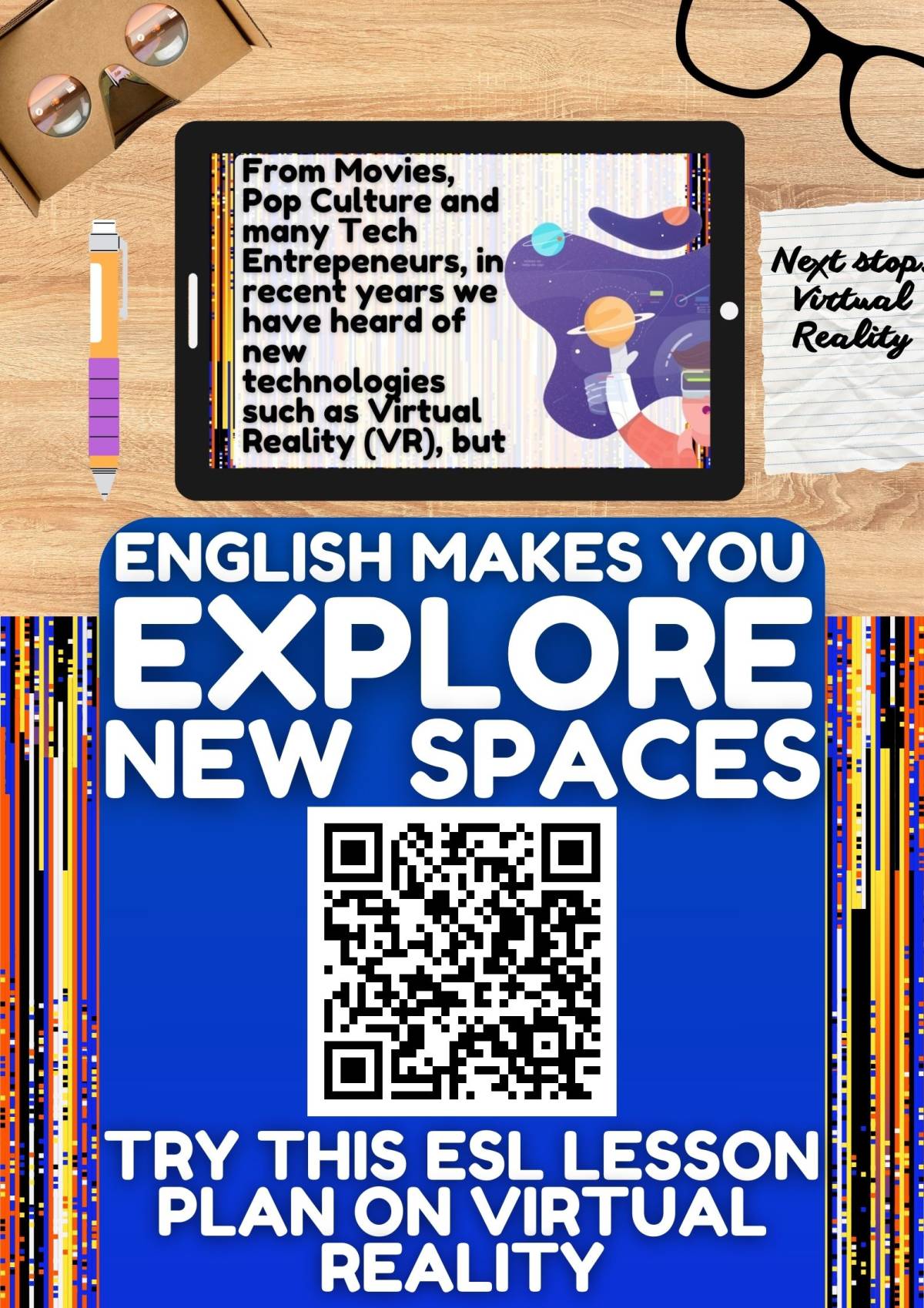 An educational teaching resource from Learning with Alan entitled ESL Lesson Plan on Virtual Reality - Listening Comprejension + Writing downloadable at Teach Simple.