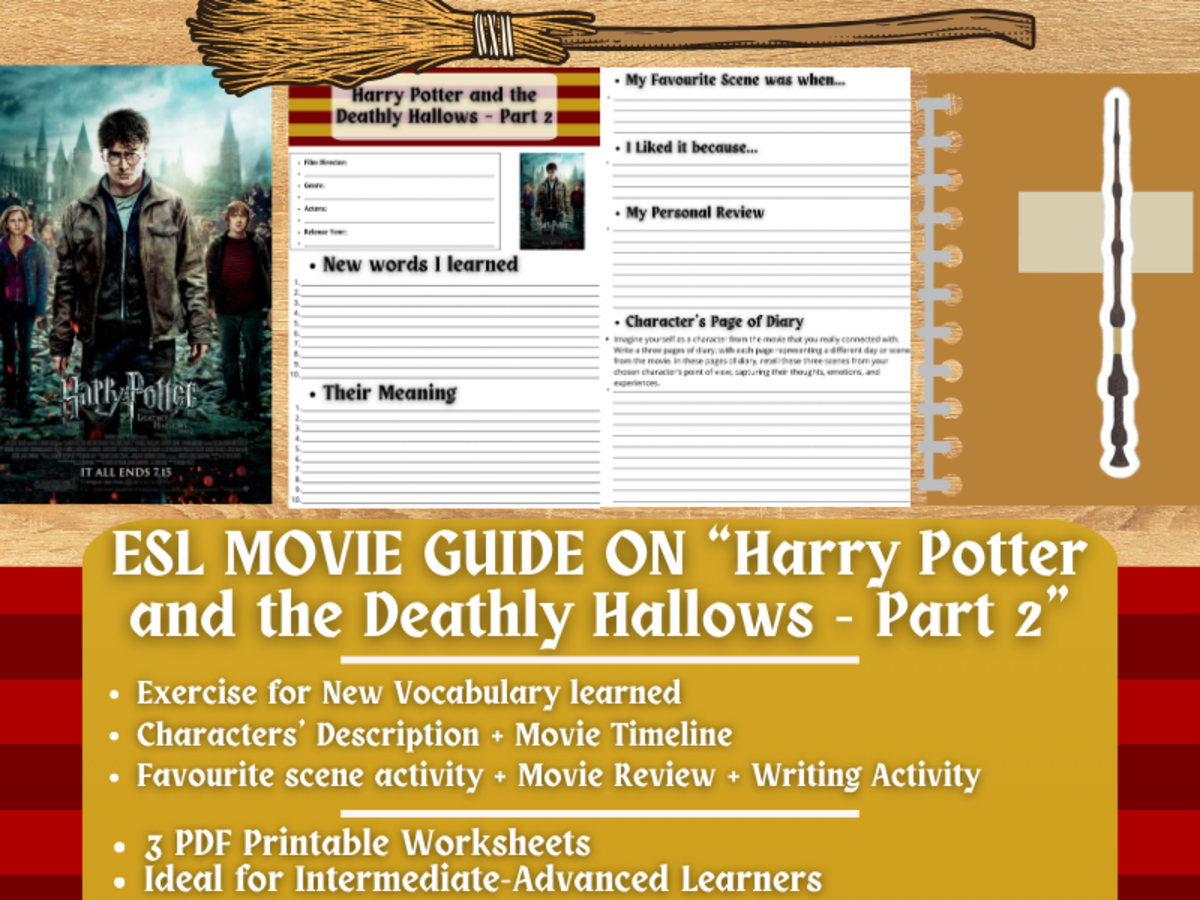 An educational teaching resource from Learning with Alan entitled ESL Movie Guide - Harry Potter and the Deathly Hallows - Part 2 downloadable at Teach Simple.