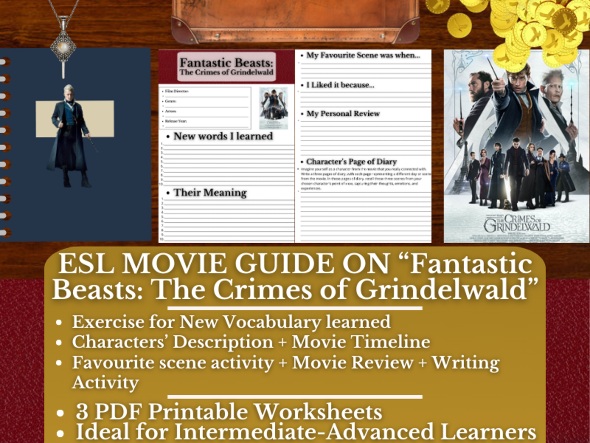 An educational teaching resource from Learning with Alan entitled ESL Movie Guide on "Fantastic Beasts: The Crimes of Grindelwald" downloadable at Teach Simple.