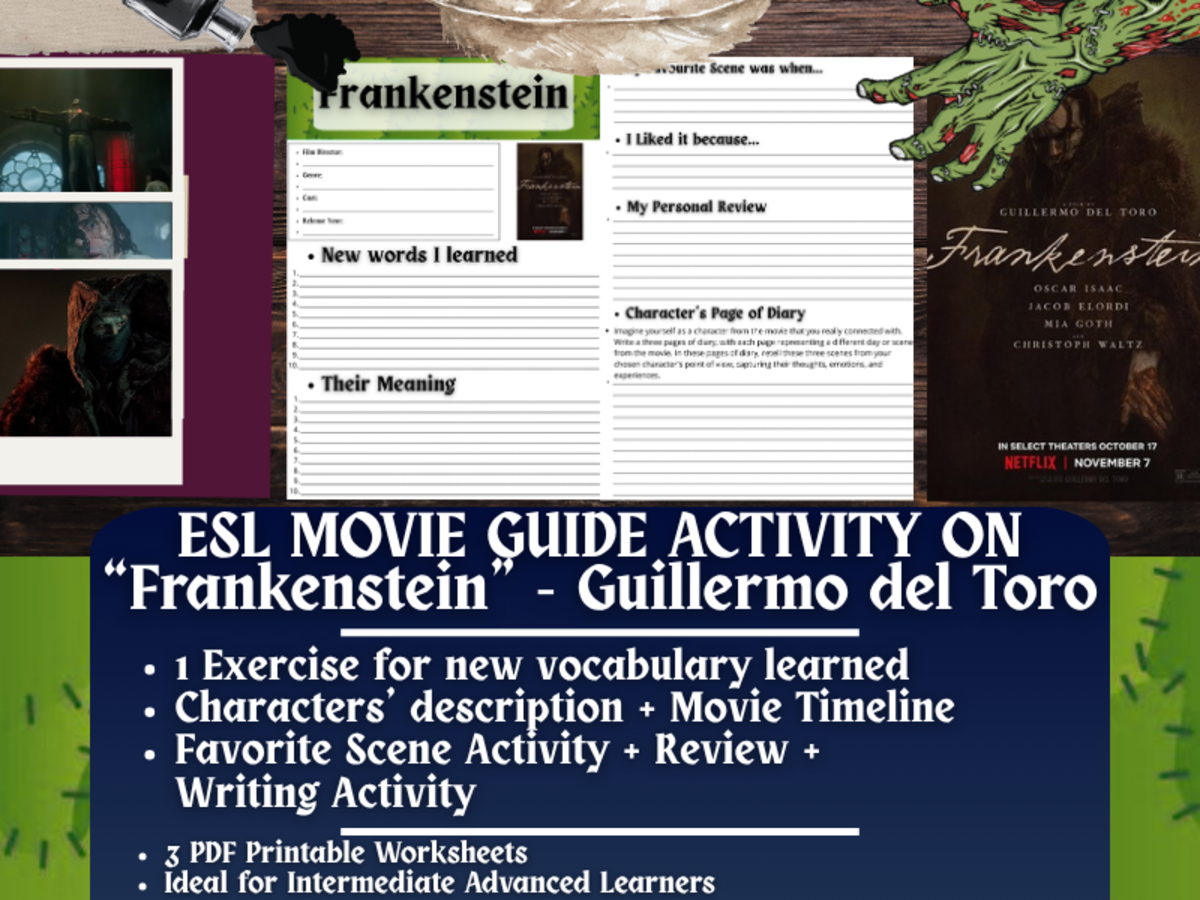 An educational teaching resource from Learning with Alan entitled ESL Movie Guide on "Frankenstein" - Guillermo del Toro downloadable at Teach Simple.