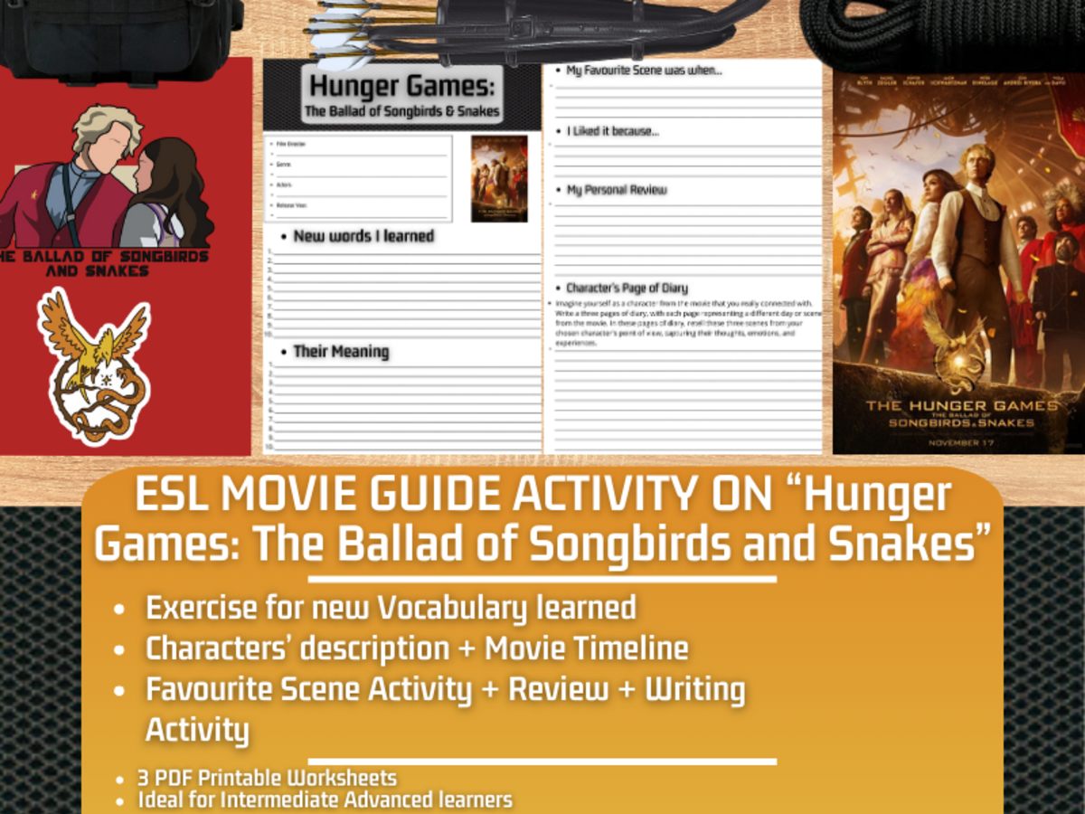 An educational teaching resource from Learning with Alan entitled ESL Movie Guide - The Hunger Games: The Ballad of Songbirds of Snakes downloadable at Teach Simple.