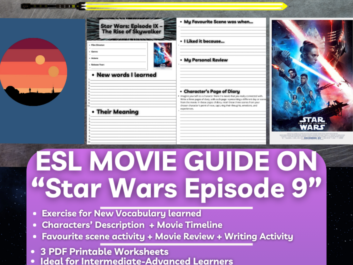 An educational teaching resource from Learning with Alan entitled ESL Movie Guide Worksheet - Star Wars Episode 9: The Rise of Skywalker downloadable at Teach Simple.