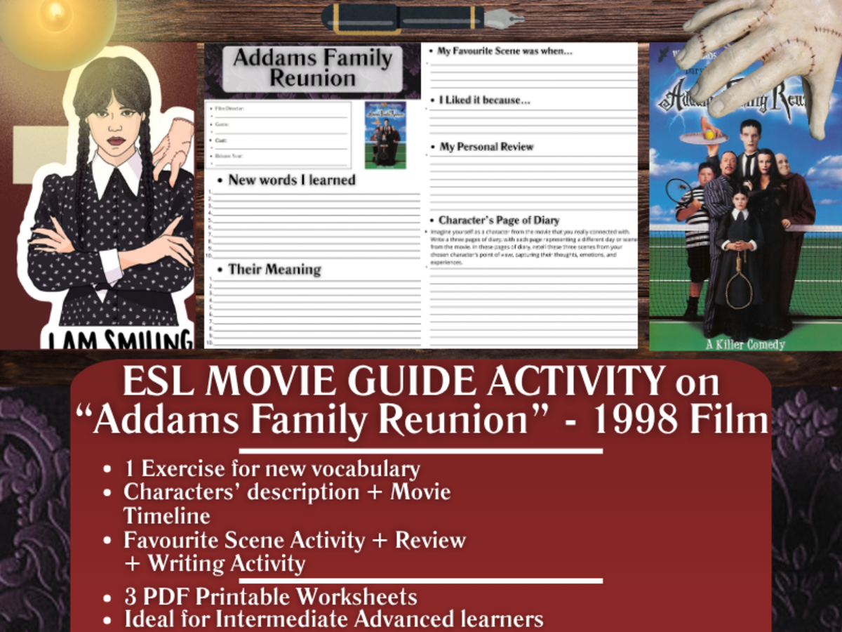 An educational teaching resource from Learning with Alan entitled ESL Movie Guide Worksheets - Addams Family Reunion - 1998 Film downloadable at Teach Simple.