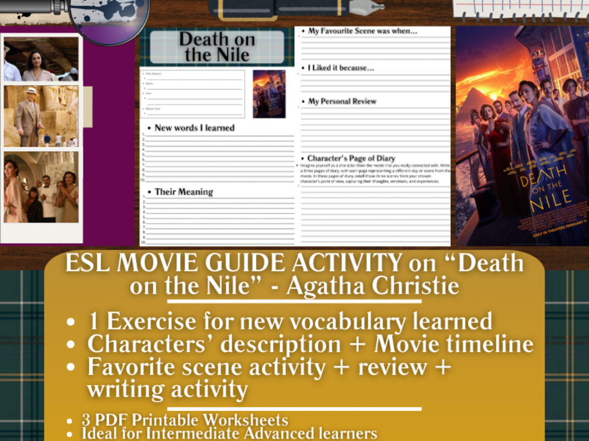 An educational teaching resource from Learning with Alan entitled ESL Movie Guide Worksheets - Death on the Nile downloadable at Teach Simple.