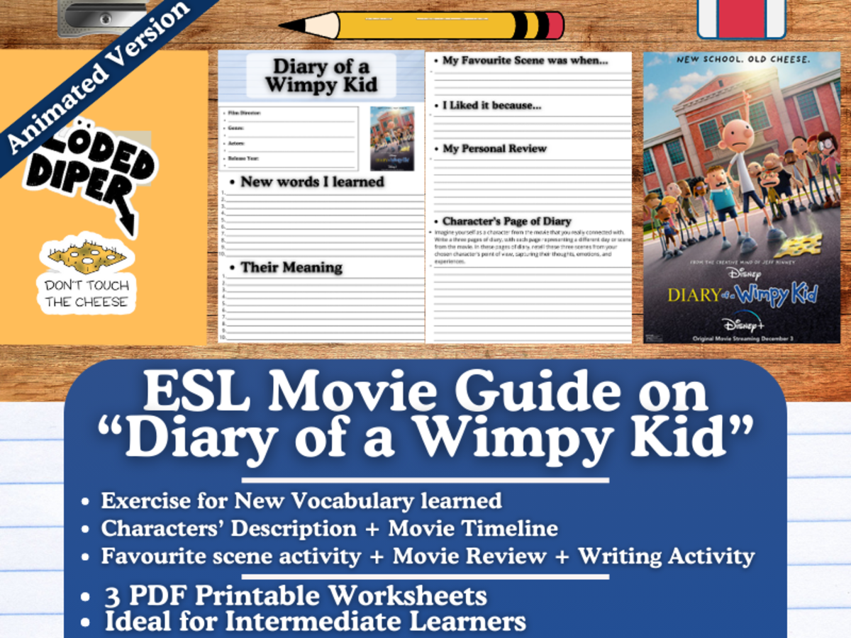 An educational teaching resource from Learning with Alan entitled ESL Movie Guide Worksheets - Diary of a Wimpy Kid - Animated Version downloadable at Teach Simple.