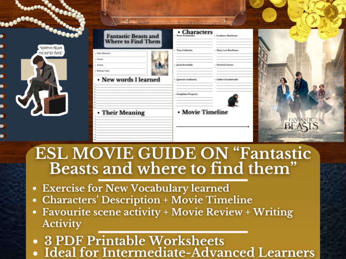 An educational teaching resource from Learning with Alan entitled ESL Movie Guide Worksheets - "Fantastic Beasts and where to find them" downloadable at Teach Simple.
