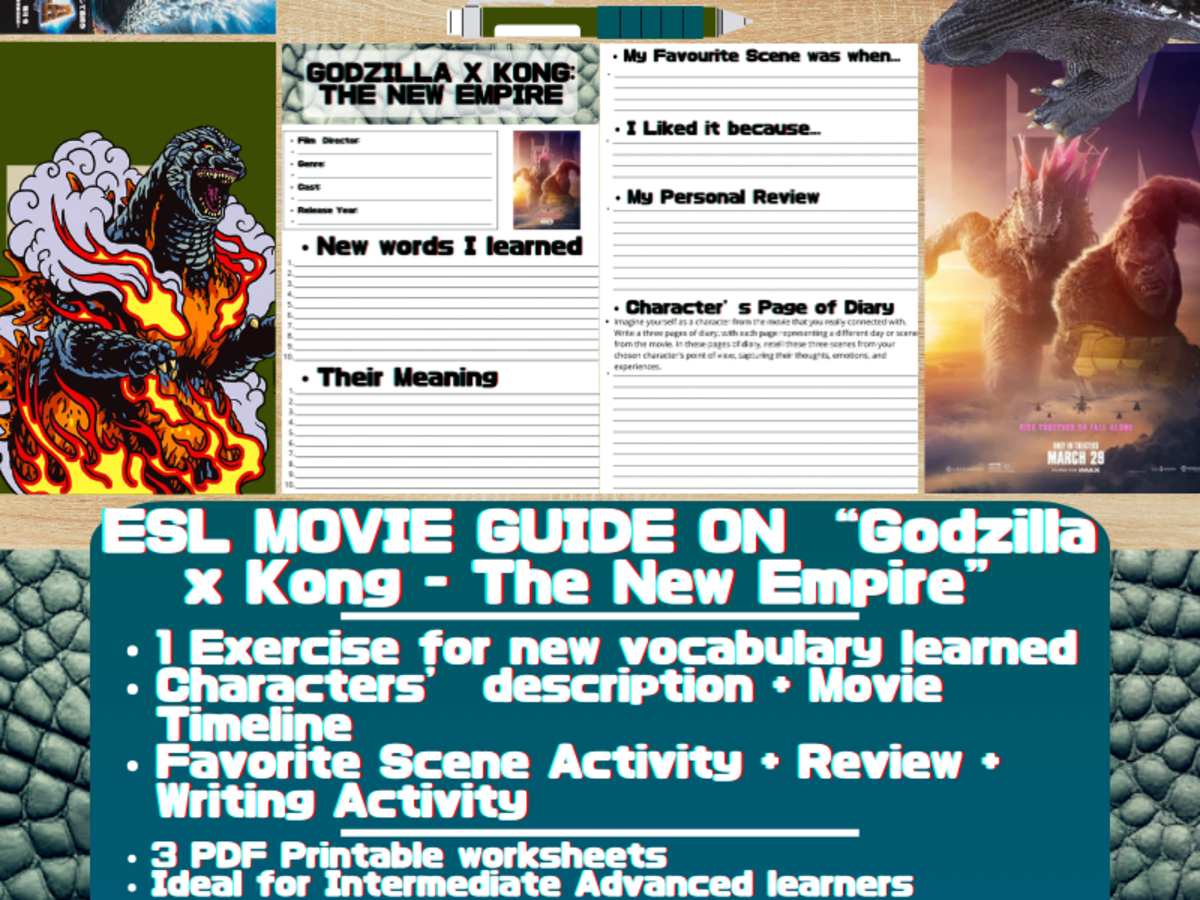 An educational teaching resource from Learning with Alan entitled ESL Movie Guide Worksheets - "Godzilla x Kong - The New Empire" downloadable at Teach Simple.