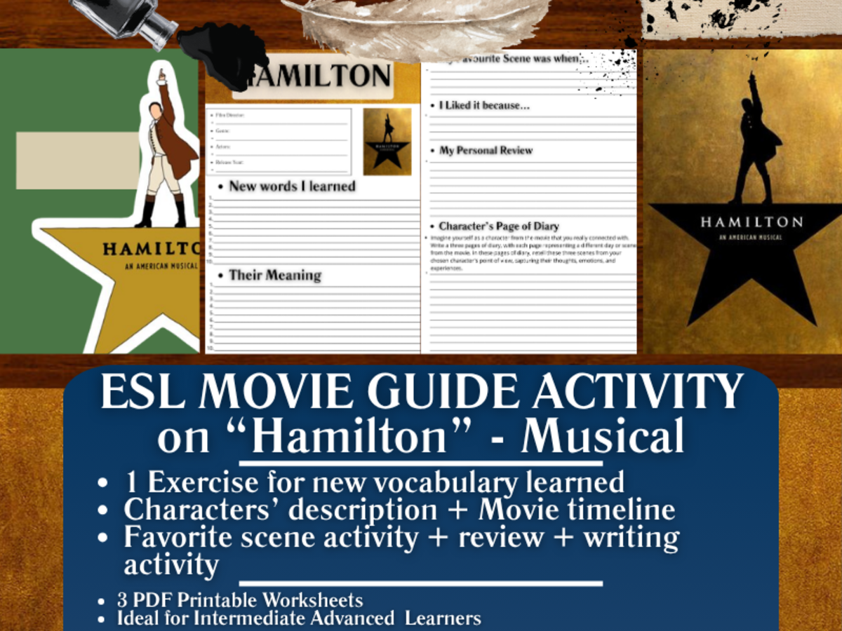An educational teaching resource from Learning with Alan entitled ESL Movie Guide Worksheets - Hamilton - Musical downloadable at Teach Simple.